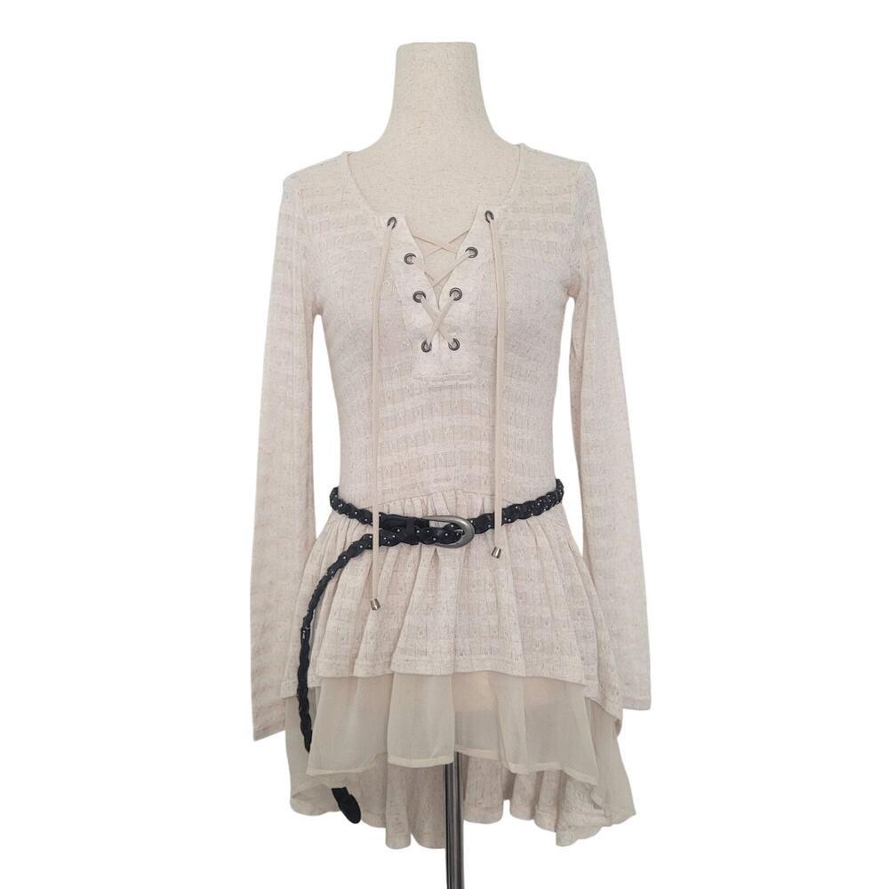 Y2k Maurices Knit Lace Up Ruffle Mini Dress Size XS Romantic Boho Chic Festival